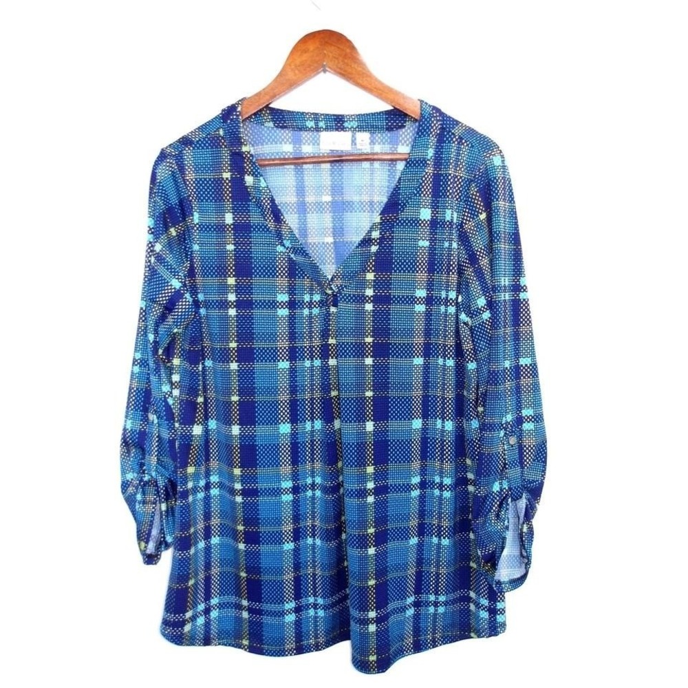 Kim Rogers Women's Blue Plaid 3/4 Sleeve V-Neck Blouse Top Size M / #1073